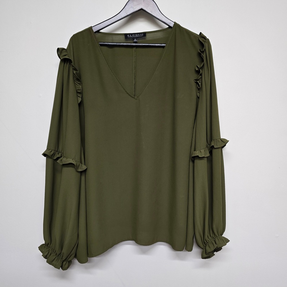 Eloquii Ruffle Tiered Sleeve Blouse Womens 24 Olive Green V-Neck Boho Minimalist